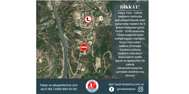 Girne Belediyesi, Ka��� Yolu-Ciklos ba�lant� hatt�nda yar�n �al��ma yap�laca�� konusunda s�r�c�leri uyard�
